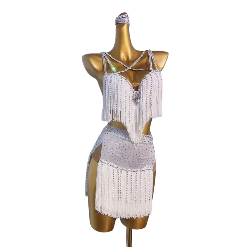 Robe de danse latine pour adultes et enfants, pierre AB, haut de gamme, personnalisé, blanc, industrie lourde, pompon, Tango, vêtements professionnels pour femmes