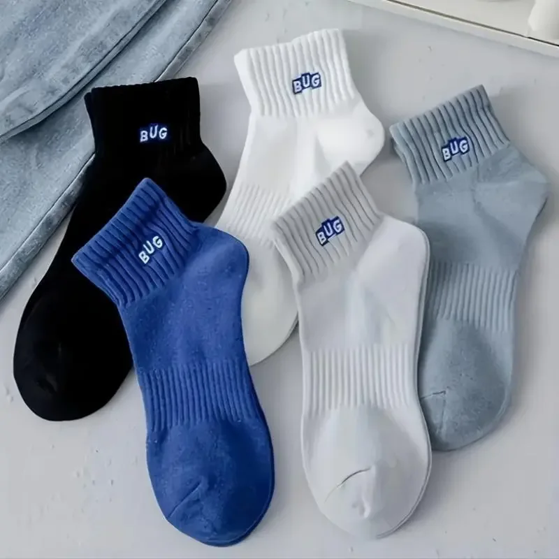 5 pairs of men's embroidered BUG letter socks airy polyester fiber blend comfortable stretch design suitable for all seasons daily wear