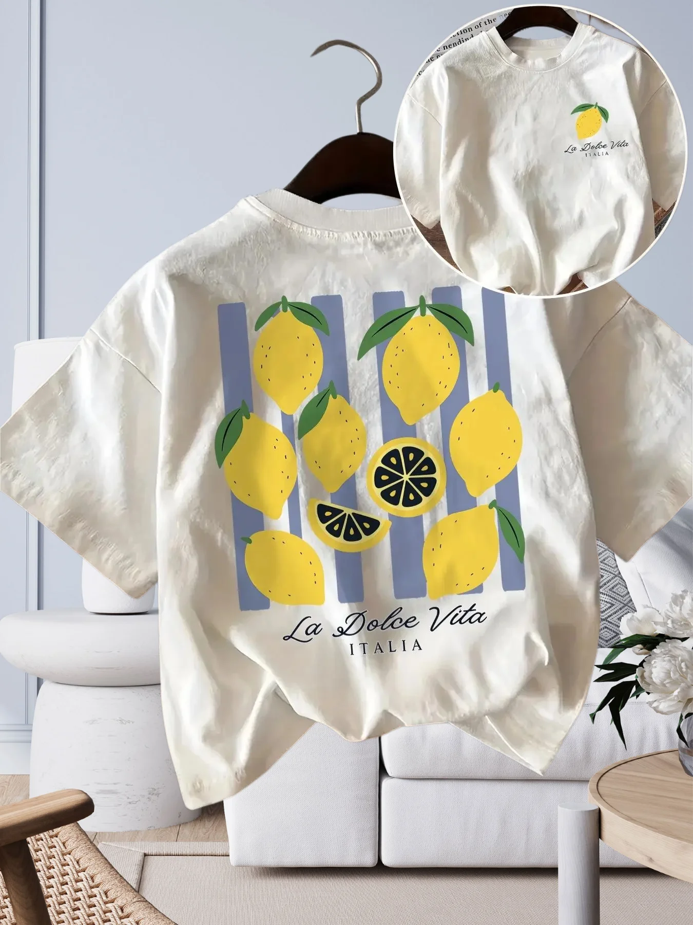 La Dolce Vita T Shirt Funny Lemon Fruit Graphic Purple Stripes Italian Style Unisex Harajuku Loose Short Sleeve Summer Tops Y2k