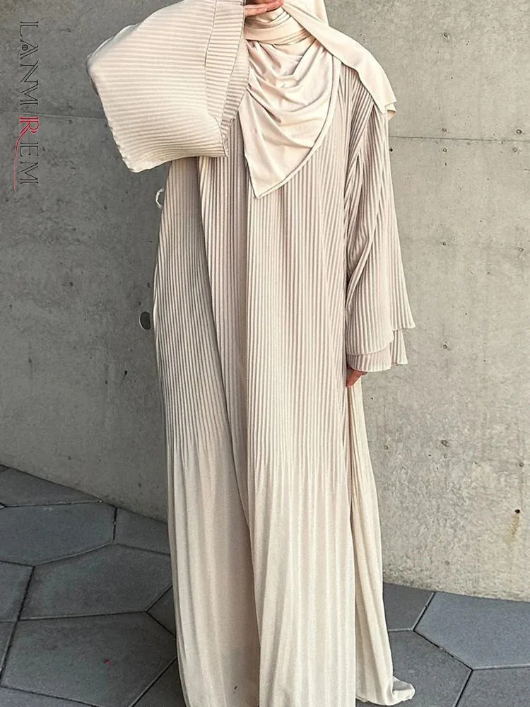 LANMREM Fashion Pleated Party Dress Women's Round Neck Flare Sleeves Solid Color Long Dresses Elegant 2025 Spring New 32C1928