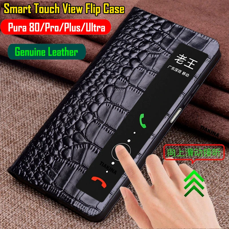 

Genuine Leather Flip Cover for Huawei Pura 80 Ultra Case Smart Touch View Window Funda for Huawei Pura 80 Pro Plus Case