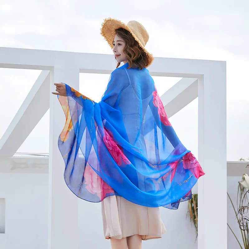 

Spring Silk Scarf For Women Long Print Air-Conditioning Shawl Summer Seaside Sunscreen Beach Pareo Towel Women's Chiffon Scarf