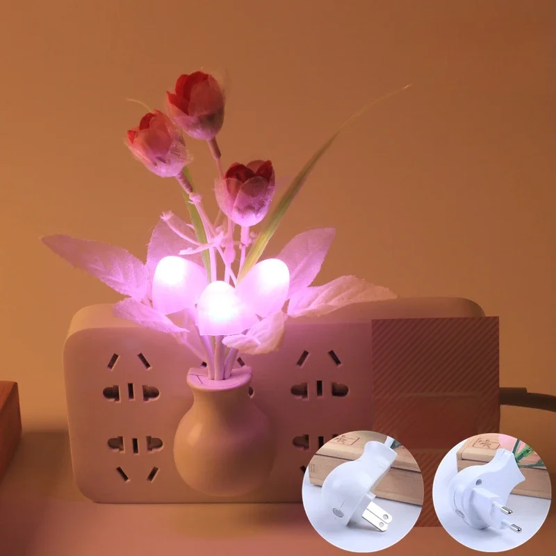 LED ความแปลกใหม่เห็ดดอกไม้ Night Light พลาสติก TULIP Rose LED โคมไฟกลางคืน EU Plug US Plug Light Sensor สําหรับห้องนอน Sleeping