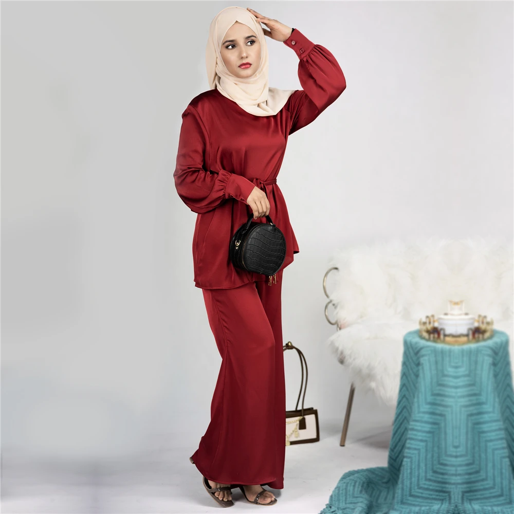 2 Piece Set Abayas Women Plain Satin Islamic Clothing Belted Tops+Long Pants Sets Ramadan Eid Muslim Dress Dubai Turkish Outfits