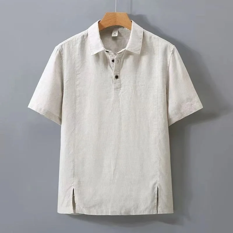 

High-End Pure Linen Shirt Men's Collared Short Sleeve T-Shirt Vintage Loose Fit Half Sleeve Turn-down Collar Casual Wear