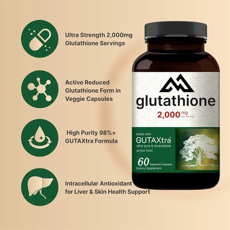 

Glutathione supplement 2000mg per serving, 60 vegetarian capsules, main antioxidant - vegetarian friendly, non GMO