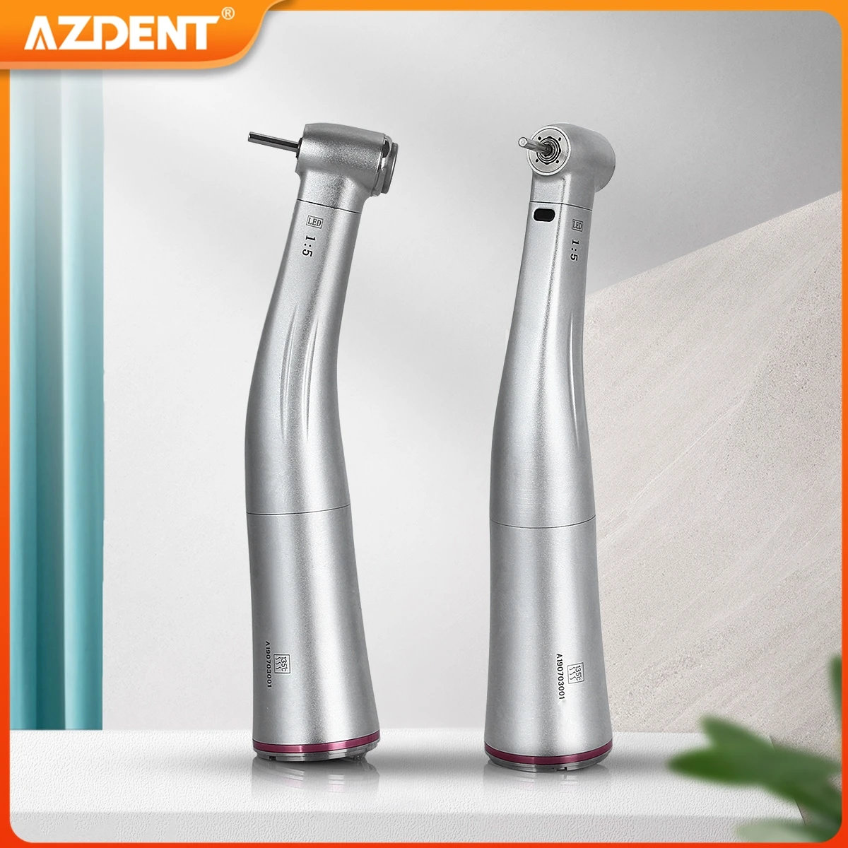 AZDENT Dental 1:5 LED Fiber Optic Contra Angle Low Speed Handpiece Ceramic Bearing Lighting Increasing Internal Four Way Sprays