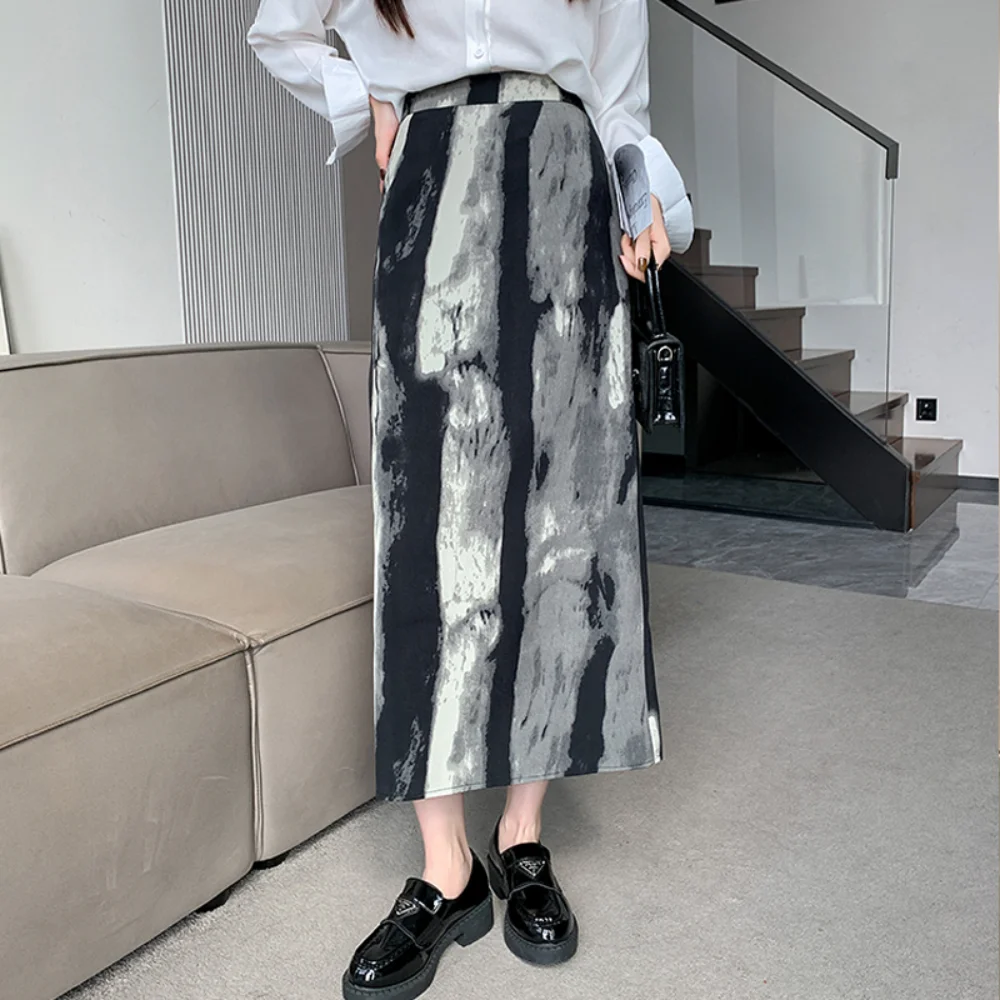 

Harajuku Black Tie Dye Skirts Women 2023 Spring Summer New Slim High Waist Back Slit Long Skirt Streetwear Girls