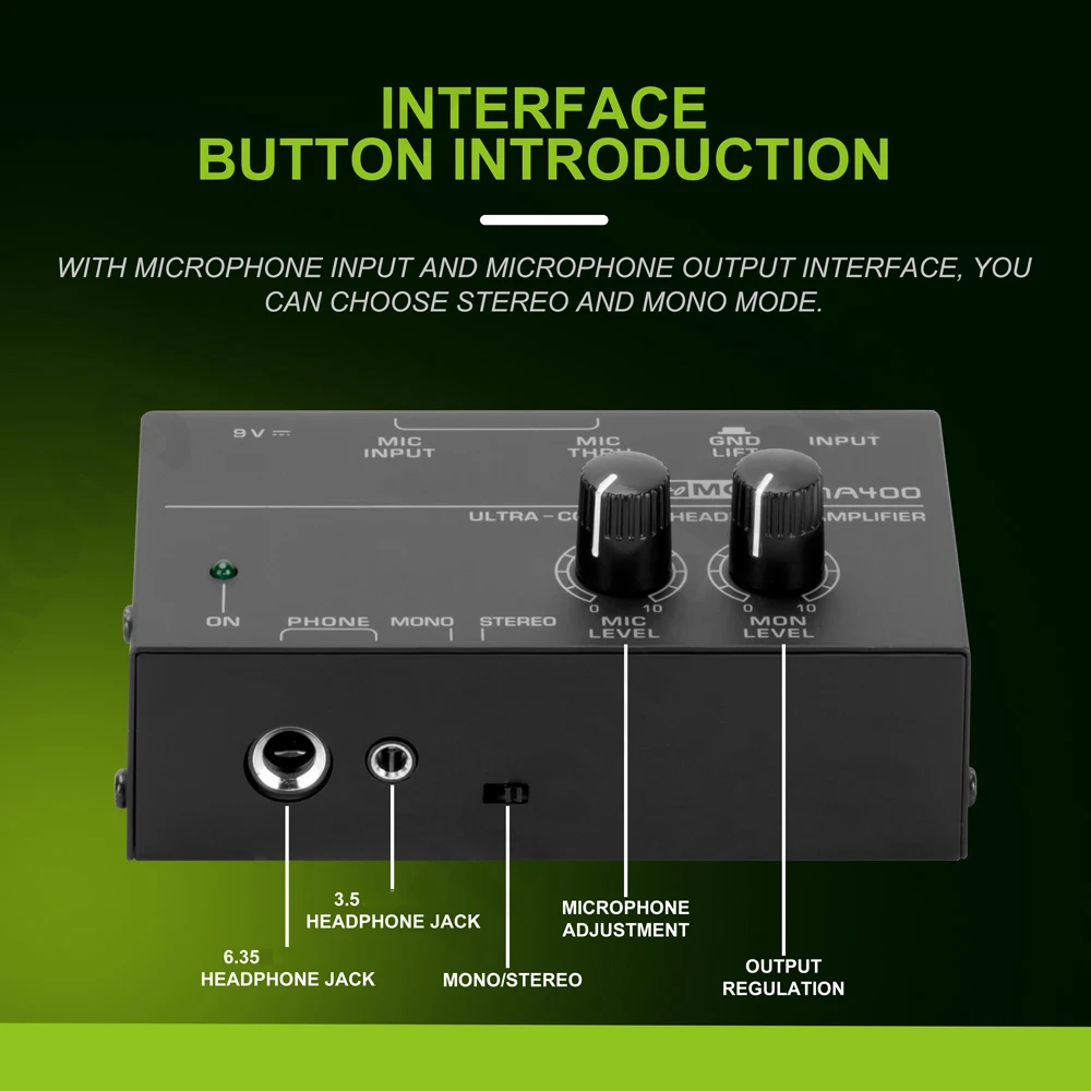 New Portable Headphone Amplifier Ultra-Compact Microphone Preamplifier MA400 Audio Stereo/mono Amp 6.35mm & 3.5mm Jack Preamp