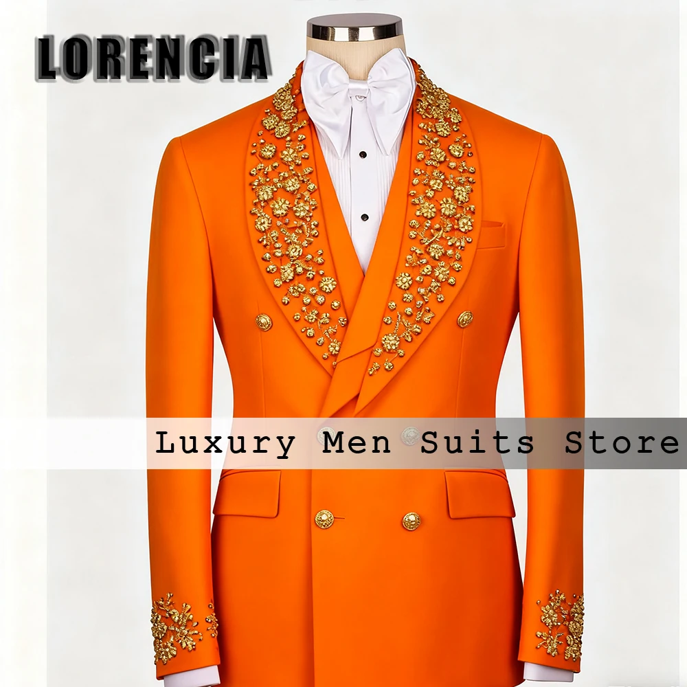 

Elegant Beading Men Suits 3 Pieces Double Breasted Tuxedo Set Wedding Groom Outfits Customized Blazer Pants Vest costumes homme