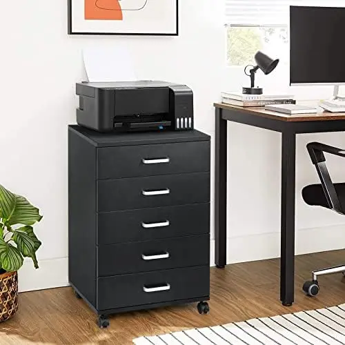 Kommode mit 5 Schubladen, Kommode mit Rädern, schwarz