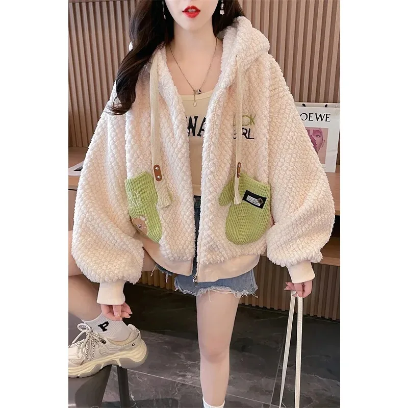 

Двусторонняя куртка из шерпа для женщин осень-зима плюс бархатный новый стиль, теплый и стильный свободный кардиган, универсальный повседневный топ