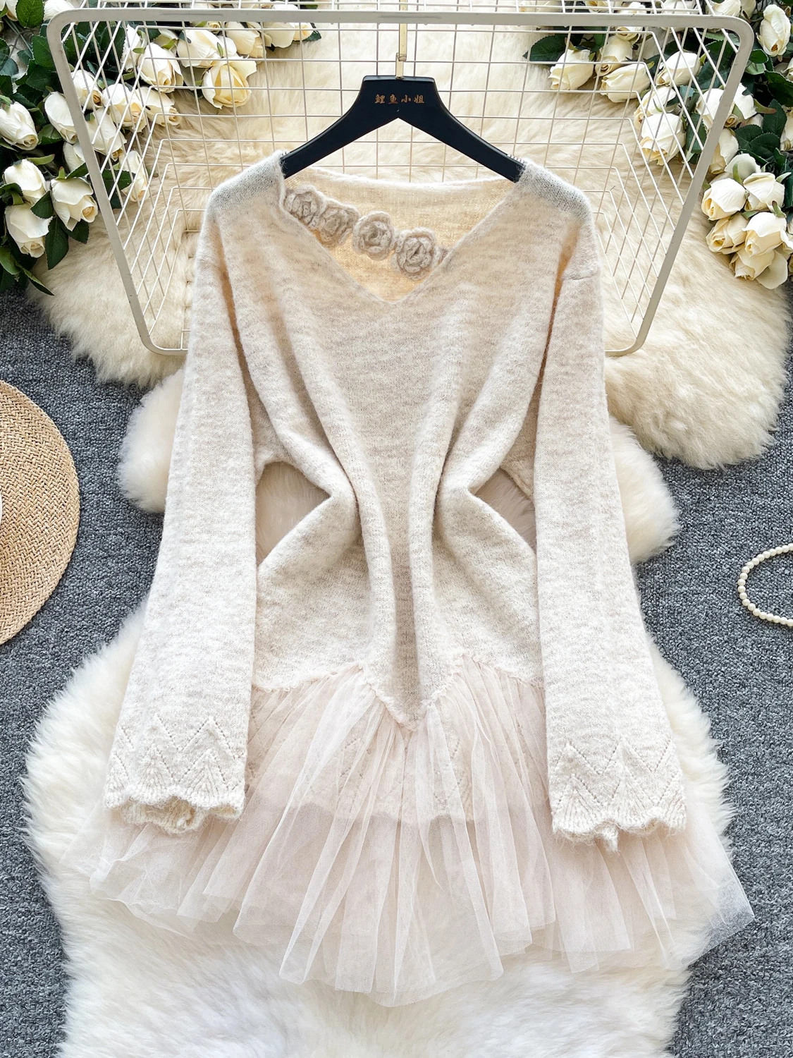 Женский осенне-зимний свитер, вязаный 3D цветок, v-образный вырез, длинные рукава, сетчатый лоскутный вязаный мягкий вязаный топ, пуловер, женский SW033