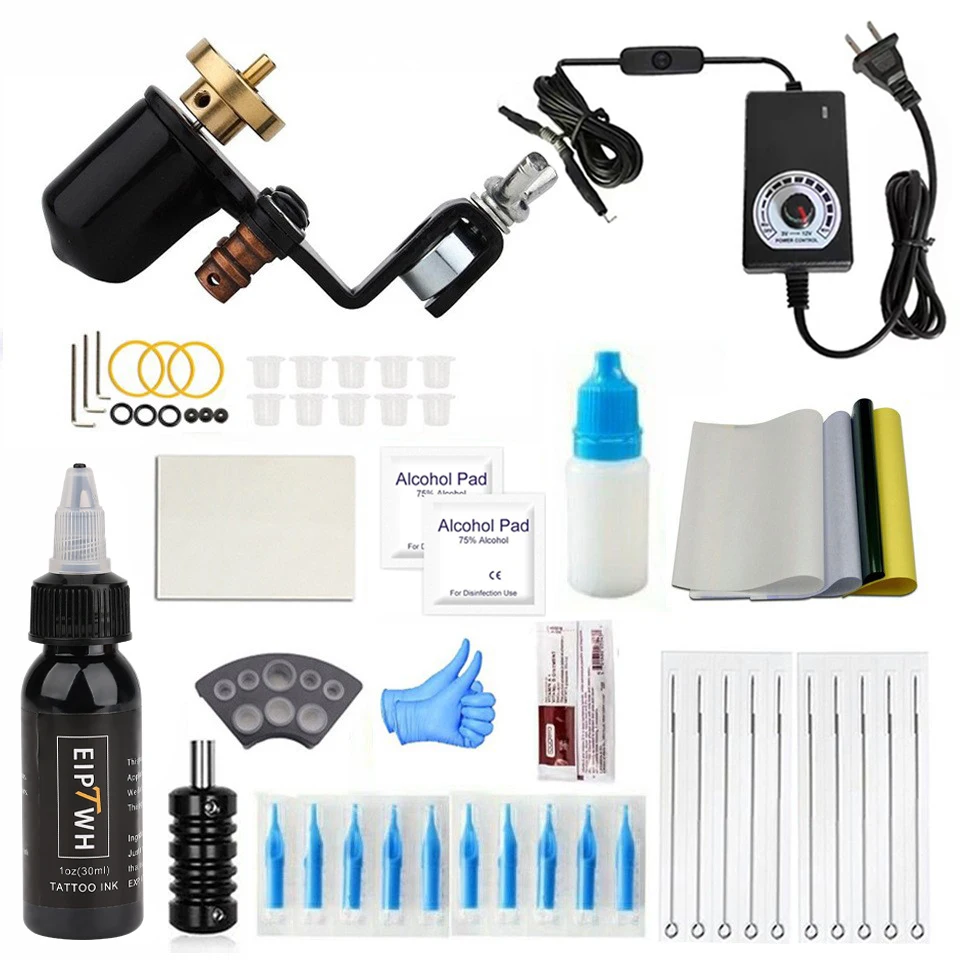 Tattoo tool kit Includes Tattoo Power Supply 30ml Black Tattoo Ink 10 Disposable tattoo needles 1 Transfer Paper 1 Practice Skin