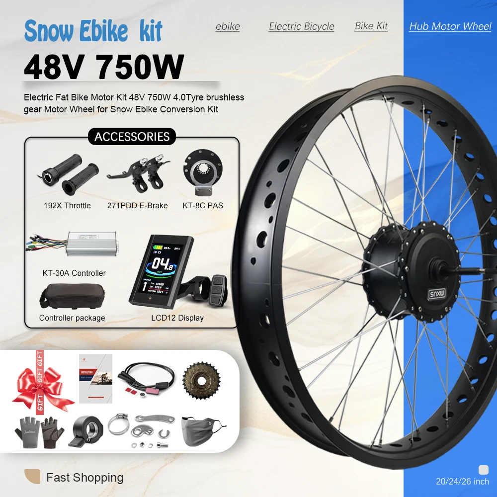 Electric Fat Bike Motor Kit MXUS 48V 750W 4.0Tyre Brushless Rear Hub Motor Wheel For Snow Ebike Conversion Kit 20/24/26in