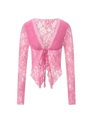 Women Sexy Tie Front Crop Long Sleeve Mesh Tops Slim Fit Floral Lace Sheer Blouse See Through Tee Tops Clubwear