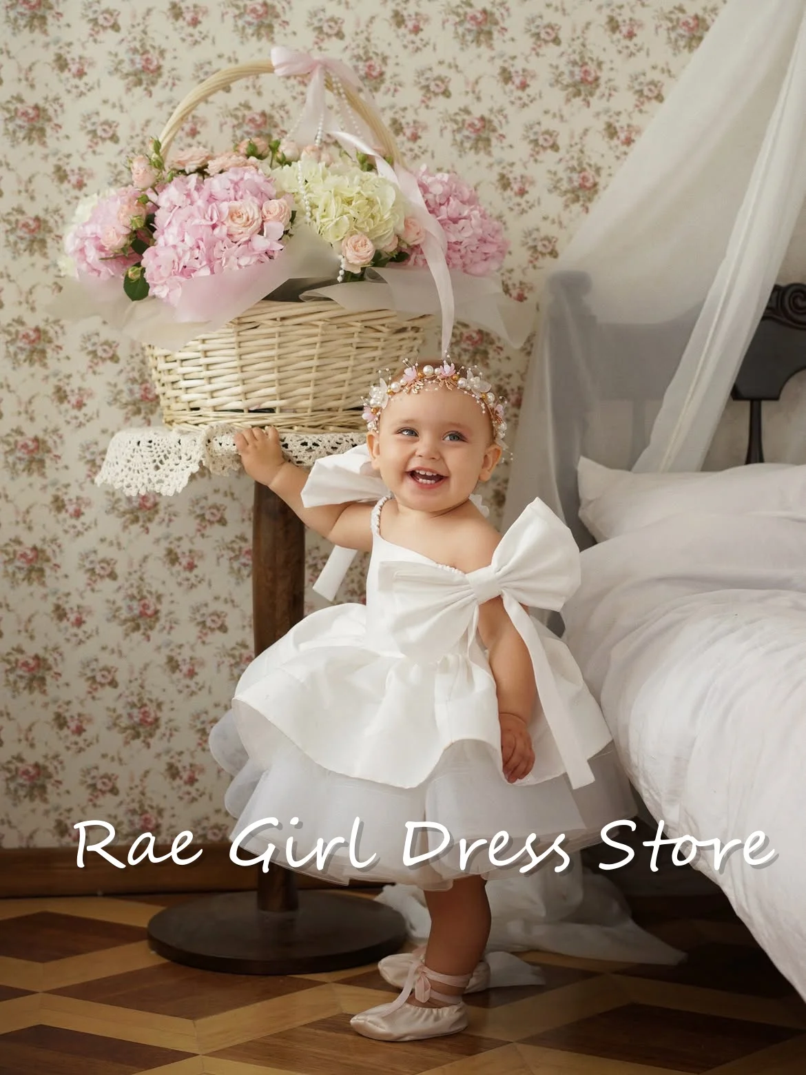 Flower Girl Gown Off Shoulder Big Bow Satin Bodice Multi Layer Tulle Baby Princess For Baptism Birthday Photoshoot Customized
