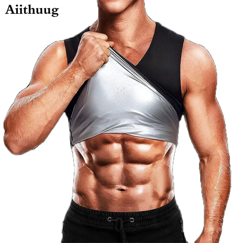 Aiithuug Sweating Sauna Vest Men Sweating Tanks Silver Heating Vest Sauna Suit Workout Tank Top Body Building Waist Trainer