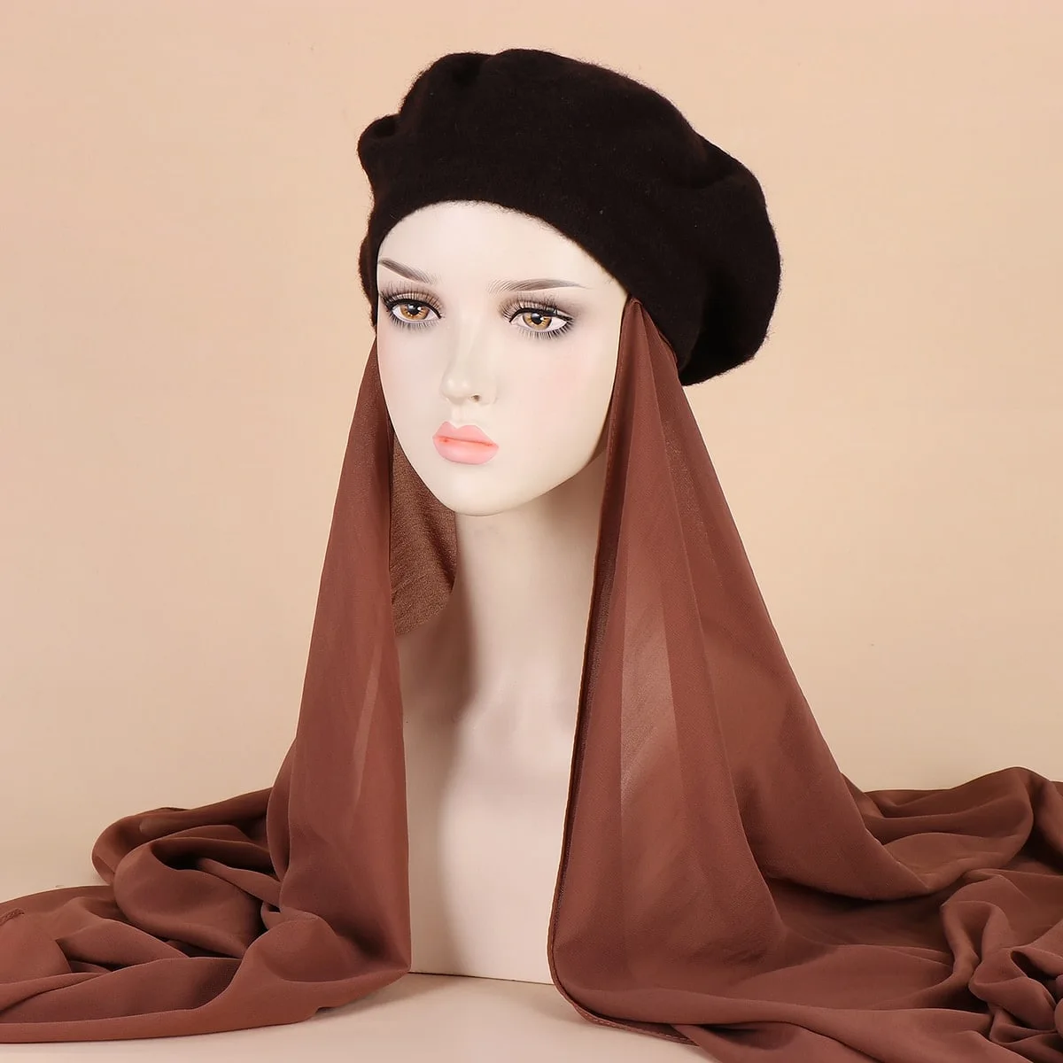 Musilm Women Instant Chiffon HIjabs With Beret Hats French Style Hats with Chiffon Hijab Baret Flat Hat with Chiffon Hijabs