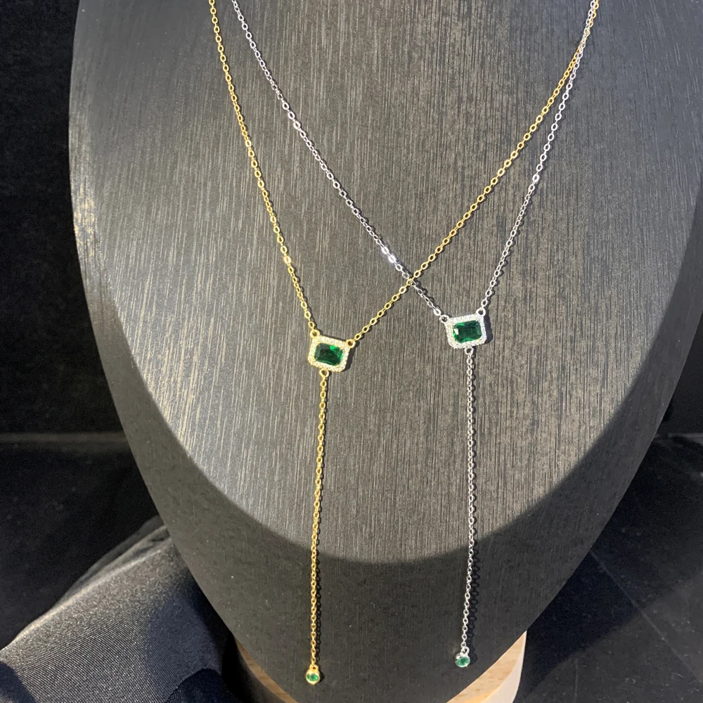 100% 925 Serling Silver Bling Green Square CZ Cubic Zirconia Sexy Y Lariat Long Clavicle Chain Layer Choker Necklace Jewelry