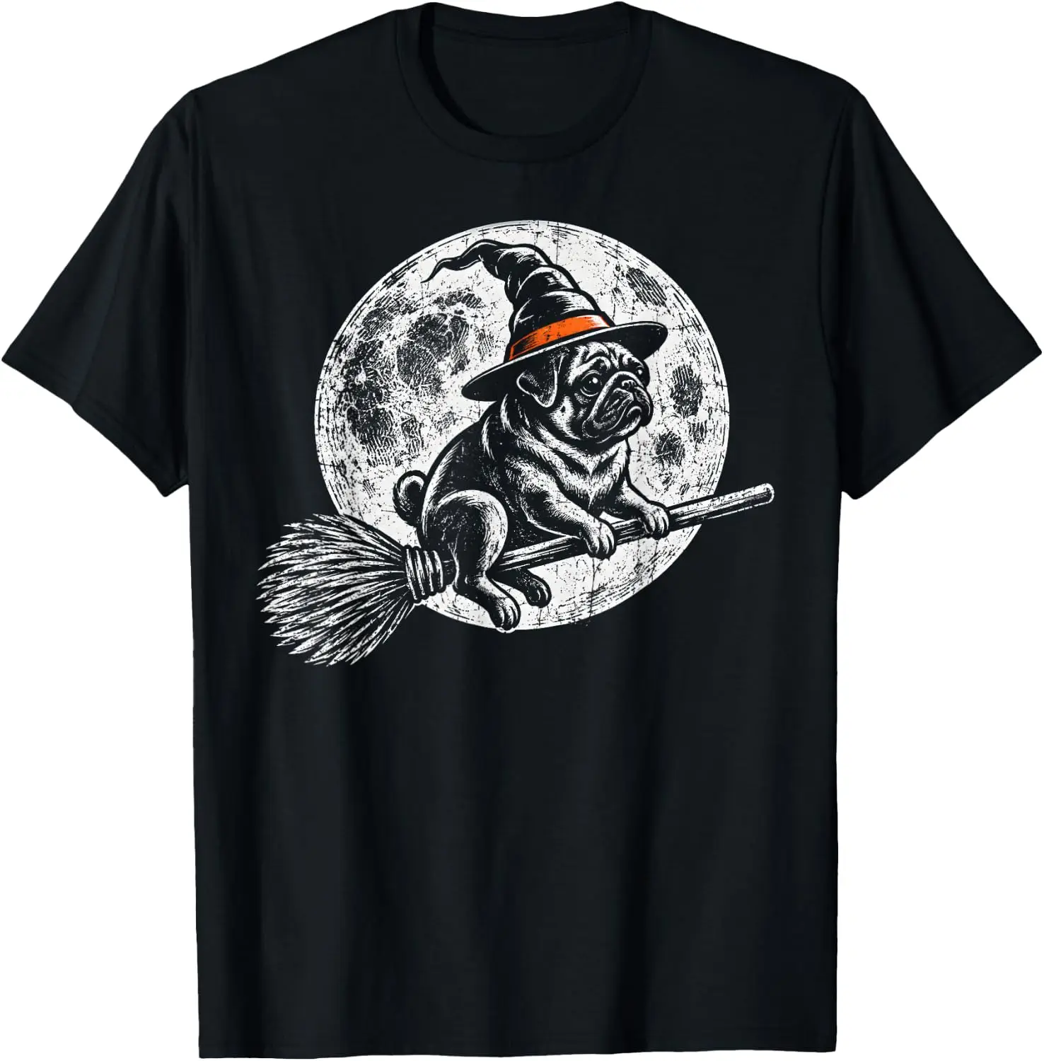 Witch Pug Riding Broom Black Dog Funny Halloween Designs T-Shirt Men's Spooky Halloween Graphic Print T‑Shirt, Crew Neck Short Sleeve Casual Cotton Tee For Holiday Party Daily Street Wear.