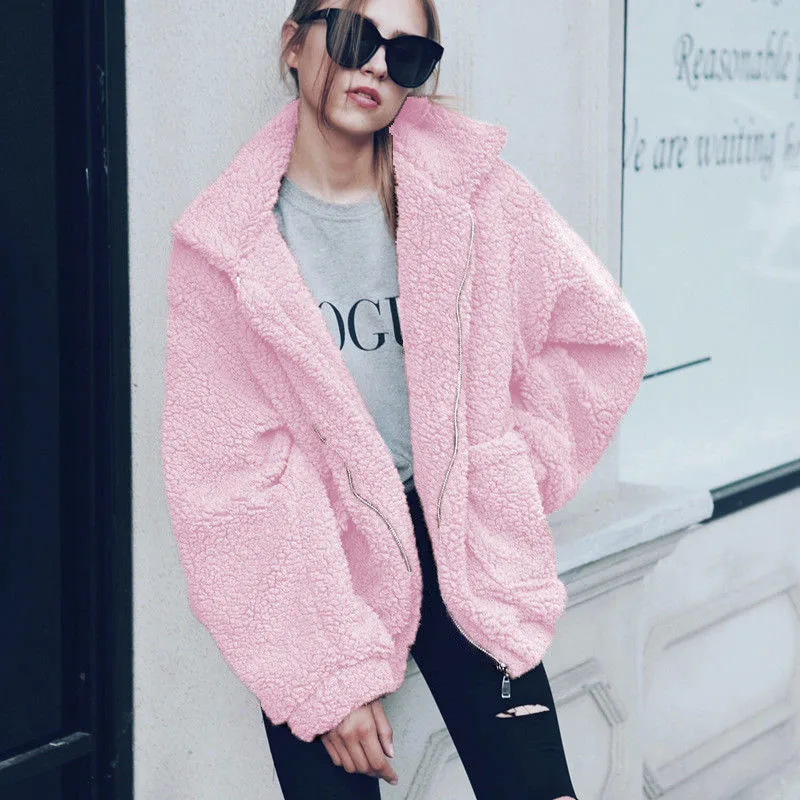 Elegant Bear Teddy Faux Fur Coat Women 2022 Autumn Winter Thick Warm Soft Fleece Jacket Female Pocket Zipper Coat veste femme