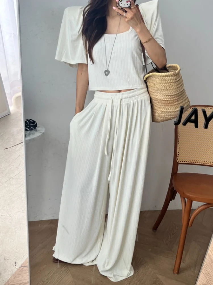 Bubble Sve ort Coat Women's Collar Slim Fit Top And Loose Wide Leg Pants Set Elastic Waisand Versatile Summer Outfit