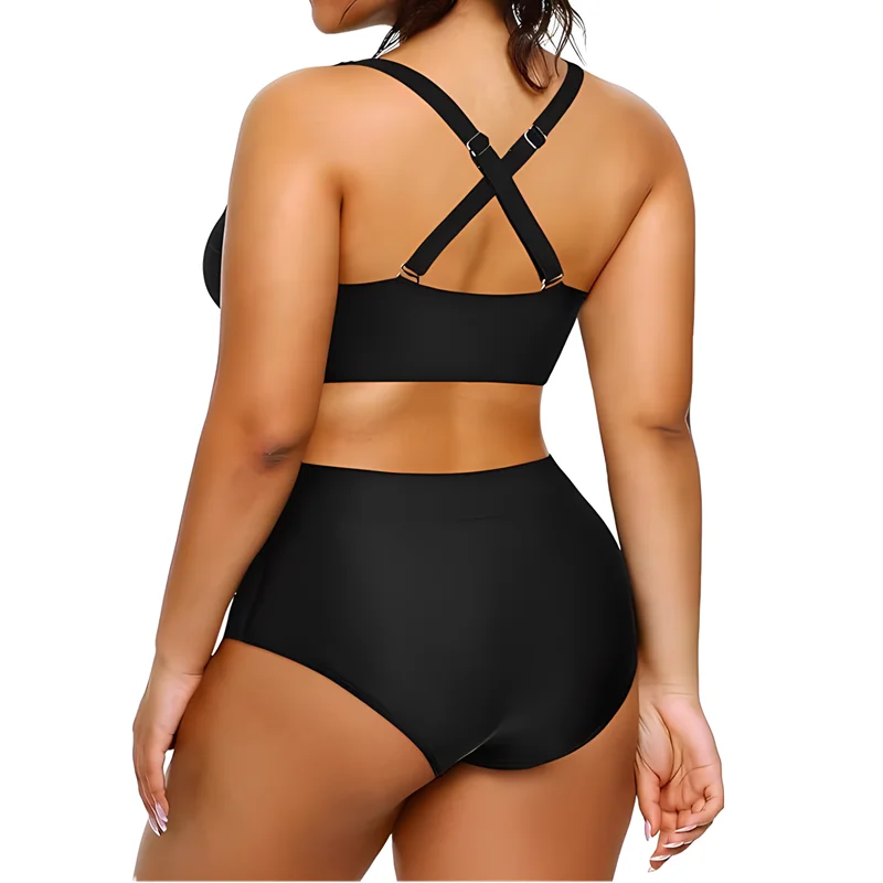 2024 Women Swimwear Plus Size Black Stylish Two Piece Bikini Set Tummy Control High Waisted Swimsuits Beach Bathing Suits