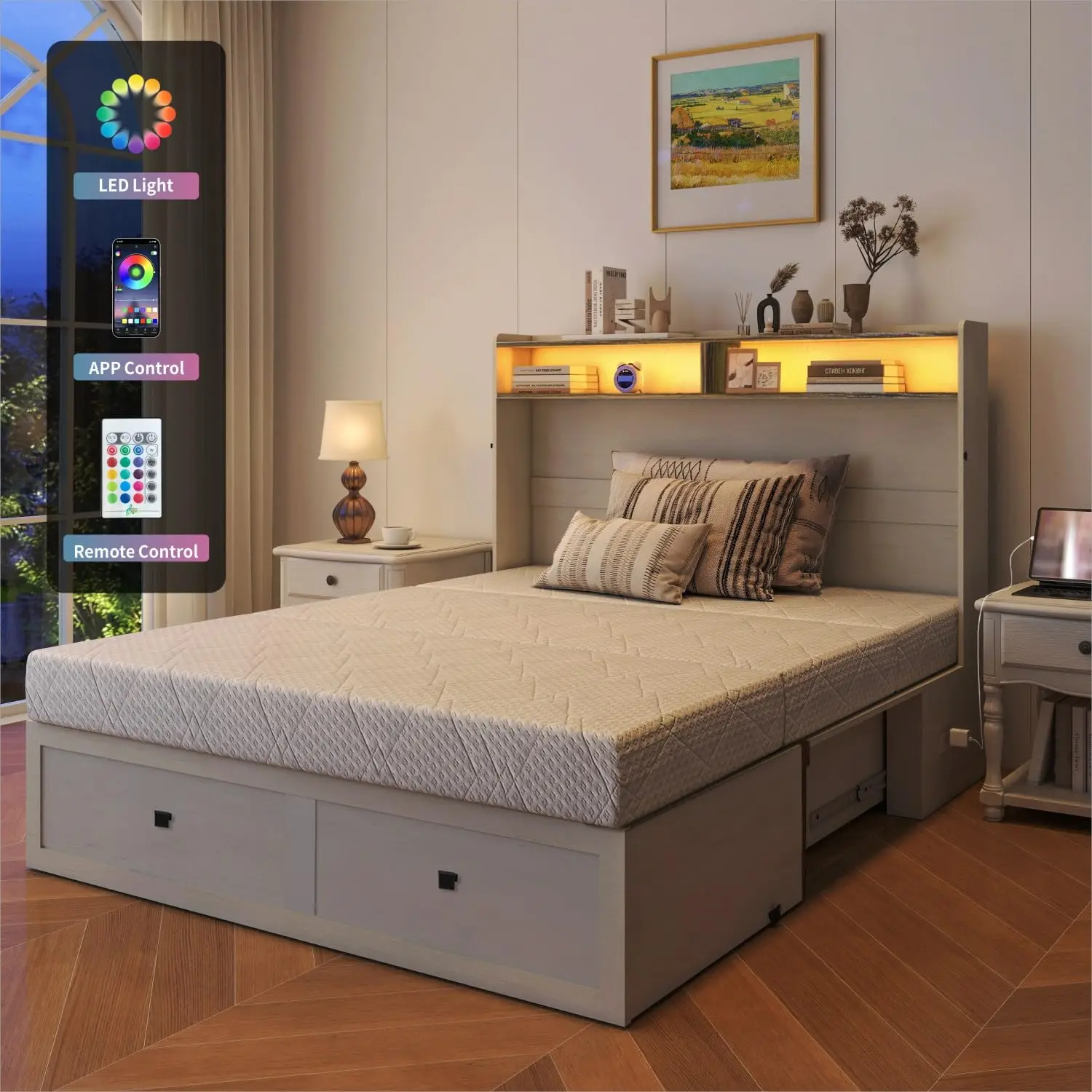 Murphy Wall Bed with Mattress LED Lights Storage Queen, Customized view 2