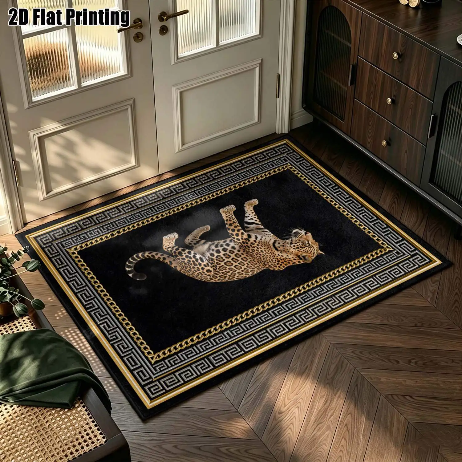 1Pc 2D Printed Leopard Pattern Carpet: Black Base, European/Minimalist/Instagram/Vintage Style, Multi-Size, Machine Washable, for Entrance, Living Room, Bedroom, Dining Room & Foyer, Home Decor