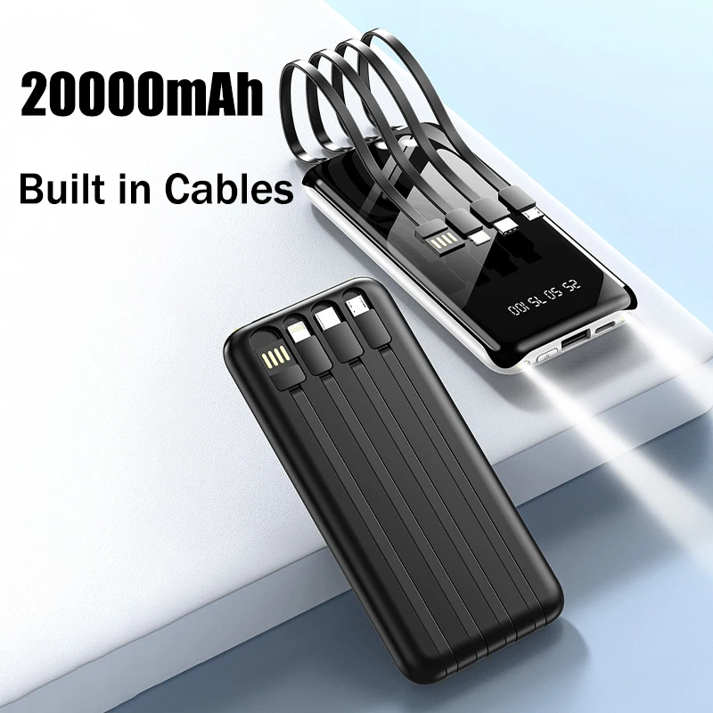 باور بانك جديد بقدرة 20000 مللي أمبير في الساعة بطارية خارجية مدمجة في كابلات شحن سريع شاحن محمول لهاتف آيفون وسامسونج بيكسل بوكو باور بانك #1