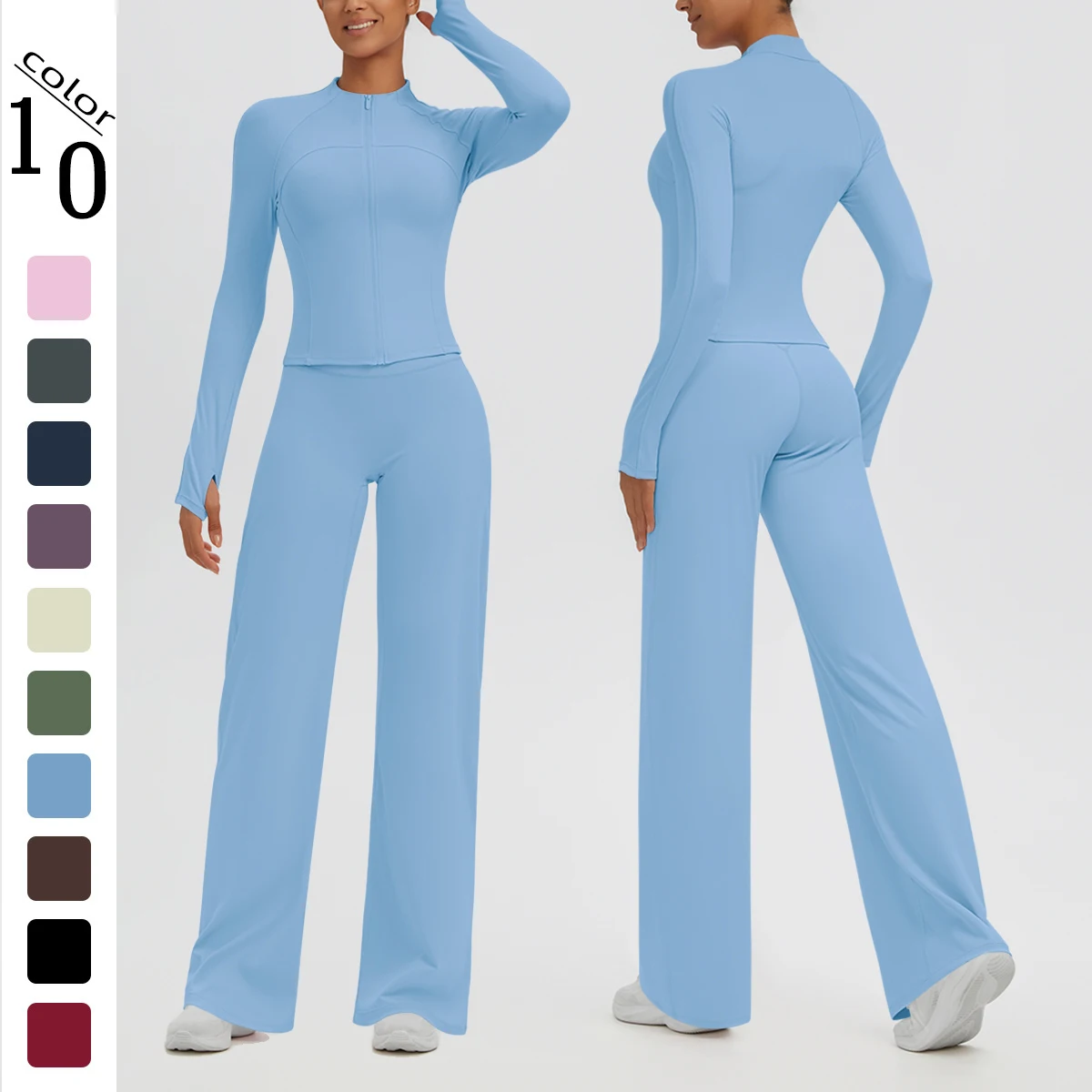 Hamidou Quick-Dry Workout Yoga Set for Women Yoga Zipper Long Sleeves Breathable Loose Push Up Wide Leg Pants Yoga Set