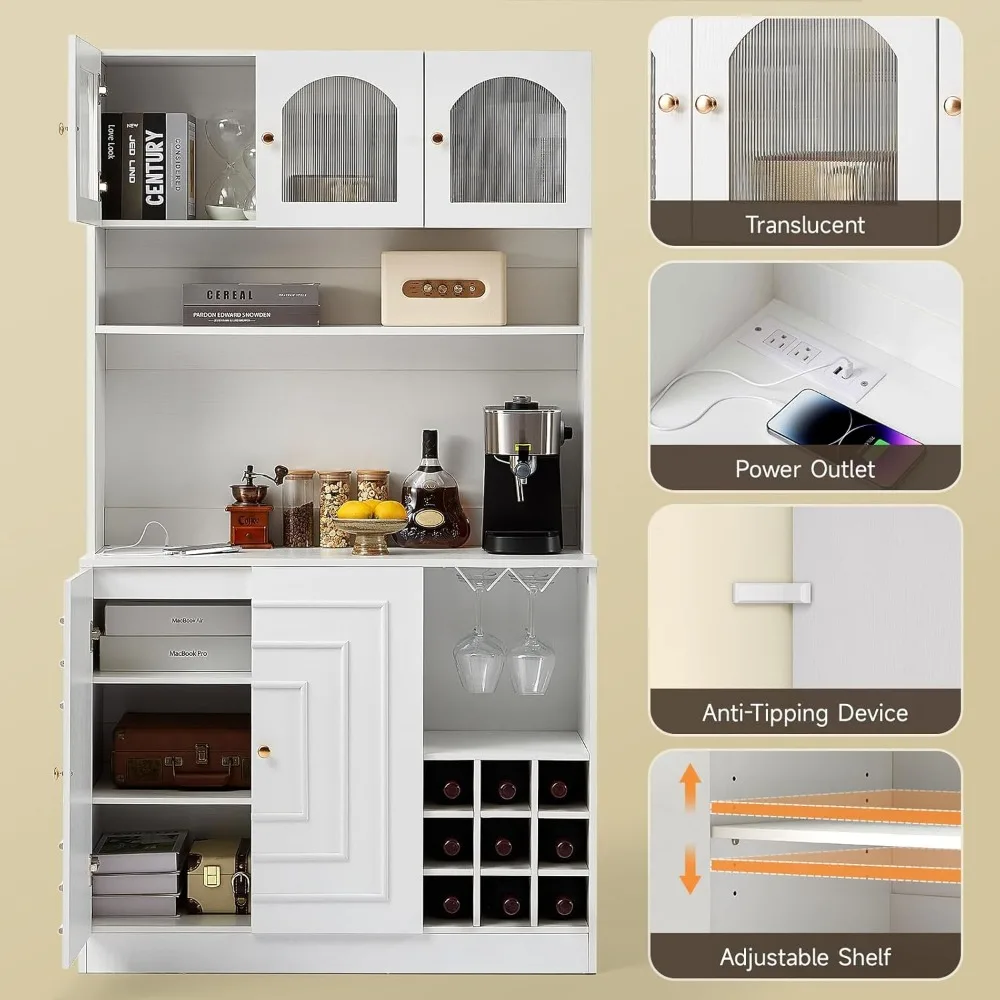 خزانة مخزن المطبخ مع رف الميكروويف، خزانة تخزين قفص المطبخ مقاس 71 بوصة، بار قهوة بوفيه أبيض مع رف زجاجي للنبيذ، فوز #5