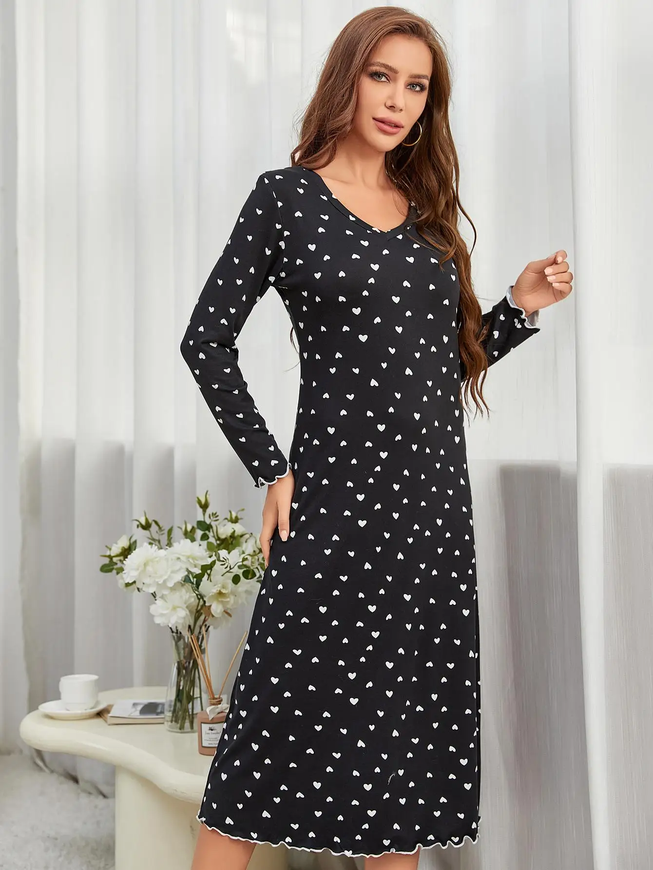 Heart Print Women Nightgown V Neck Long Sleeves Sleepwear Ruffle Hem Fall Female Nightwear Homwear Clothing Pajama Dress