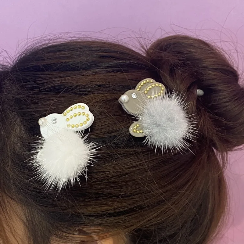 2023 Cute Rabbit Pompom Hair Clips For Girls Pom Pom Balls Hairclip Kids Kawaii Bunny Hairpin Baby Cat Pompon Hair tie Headdress