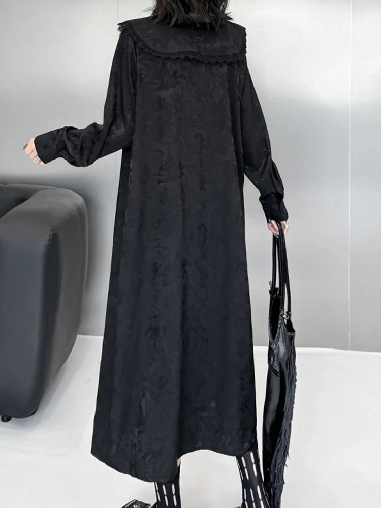 [EAM] Women Black Jacquard Big Size Elegant Midi Dress New Double Layer Collar Long Sleeve Fashion Spring Autumn 2024  1DH6956