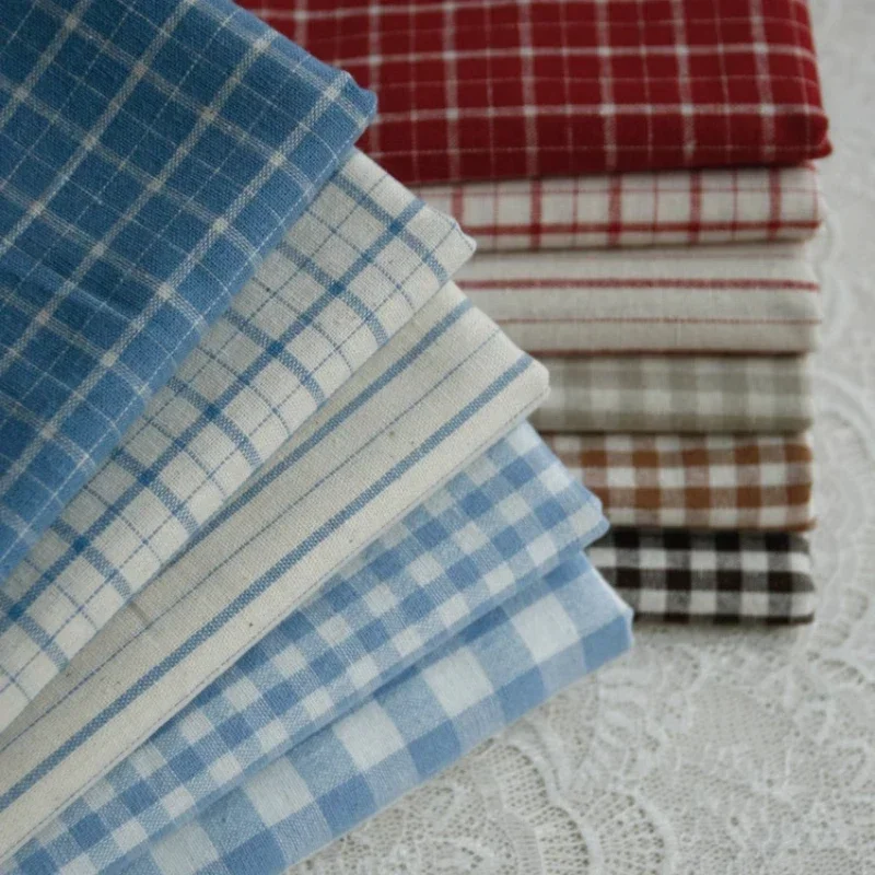 

140x50cm Vintage Red Linen Grid Striped Woven Cotton Fabric for Japanese Style Tablecloth Dress Bag Sewing Cloth