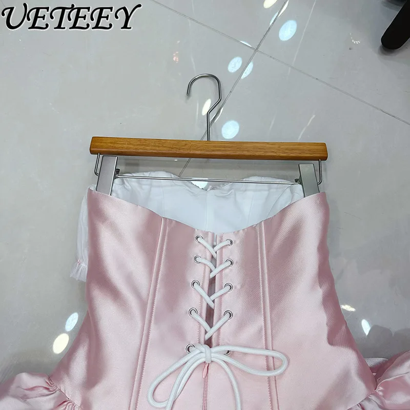 Europeu e americano design francês bowknot ruched retalhos espinha de peixe sem alças mini vestido babados bainha vestidos curtos e shorts