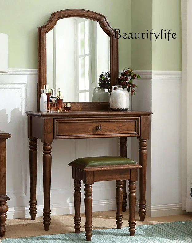 N19 American Country Retro Ash Wood Dressing Table European Minimalist Makeup Table Three-Piece Set