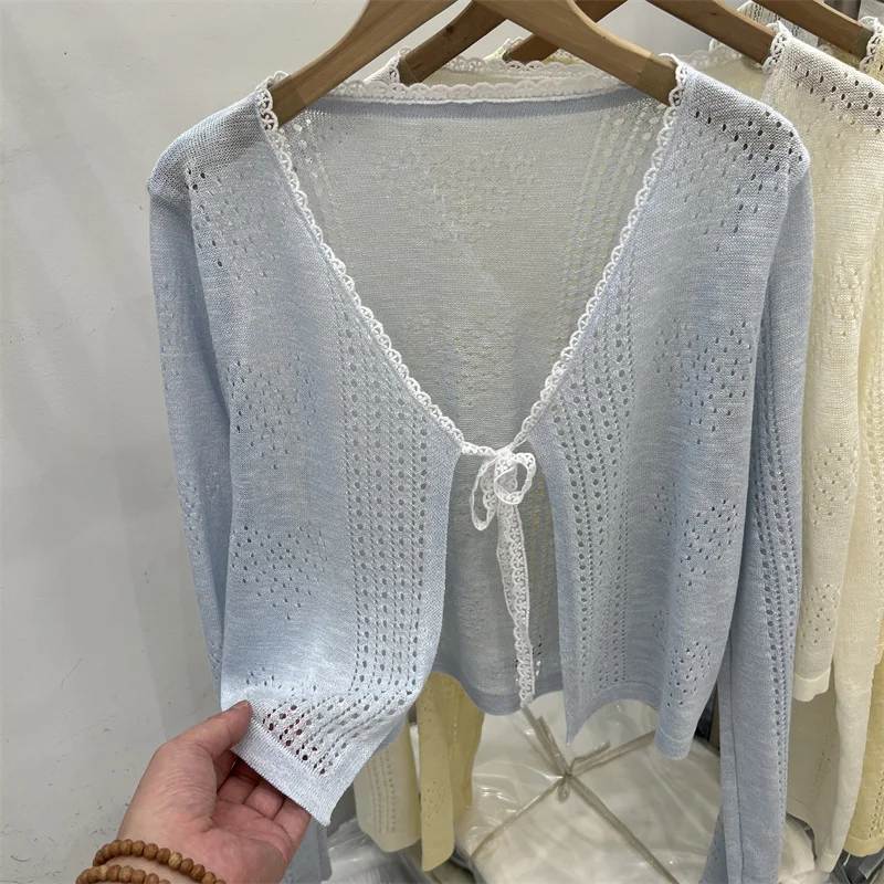 

2026 Summer Thin Wrap Shoulder Sun Protection Outerwear Women's Knitted Cardigan V-Neck Long Sleeve Short Length Tie-Band Design