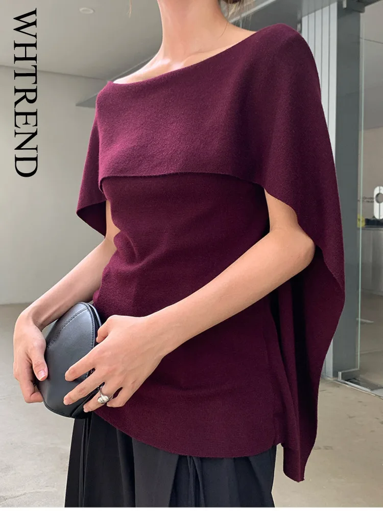

WHTREND Simple Elegant Cape Style Knitted Sweater For Women 2025 Autumn Pullover Shawl Top WH1337
