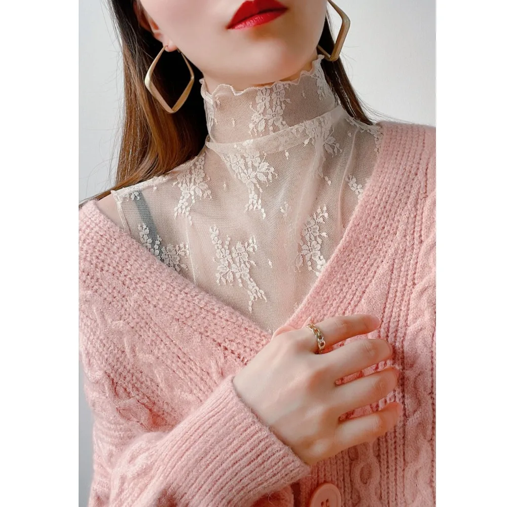 Fashion Lace Floral Fake Collar White Black Gauzy False Collar Slim All-match Half High Collar Women