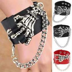 Punk Skull Skeleton Bracelet Chains Spikes Rivet Stud Wide Cuff PU Leather Gothic Rock Unisex Bracelet Bangle Men Jewelry