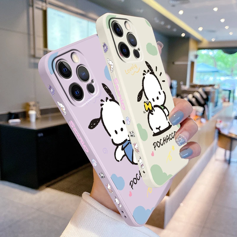 Pochacco Sanrio Cute Cloud Liquid Left Rope For Apple iPhone 15 14 13 12 11 XS XR X 8 7 SE Pro Max Plus Mini Cover Phone Case