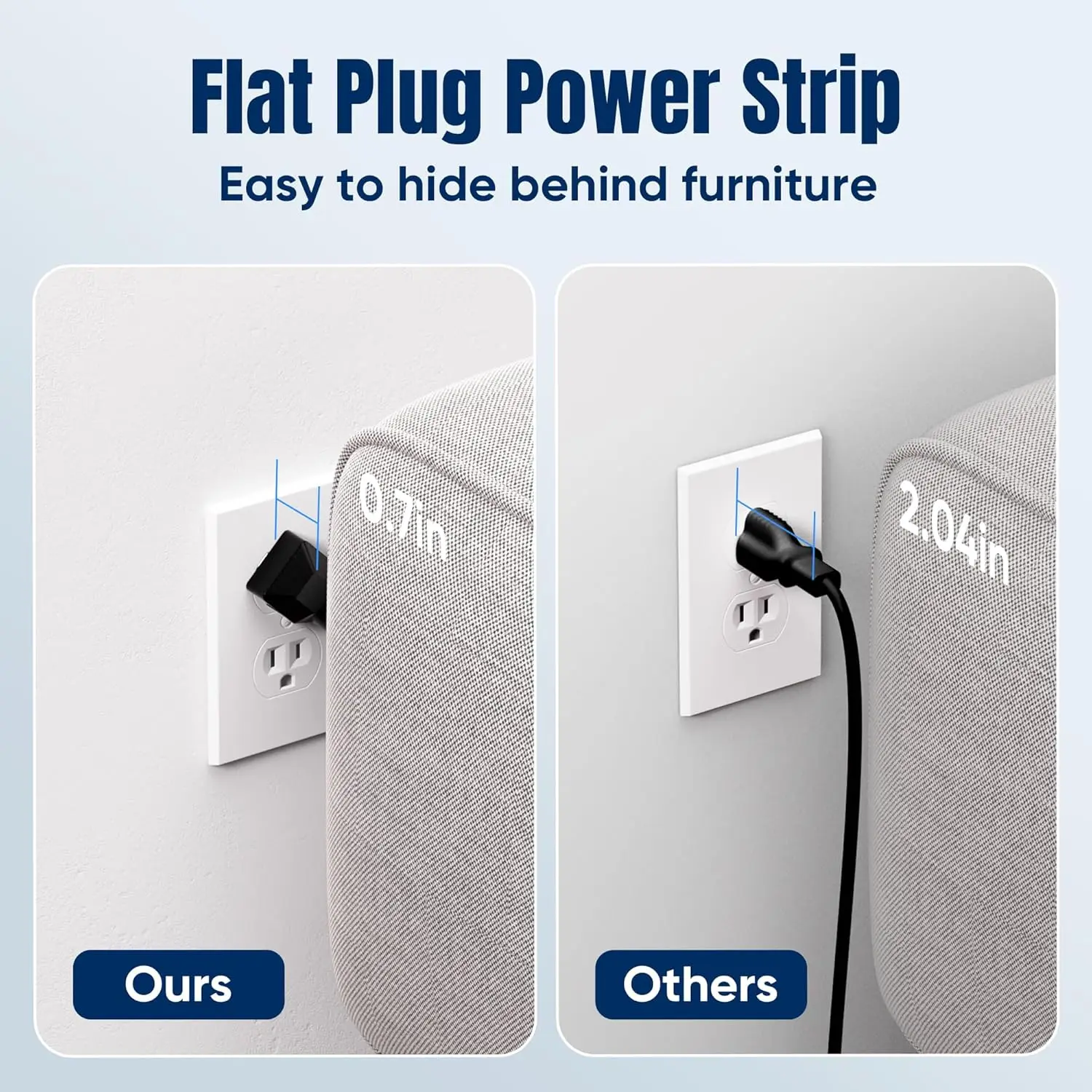 Flat Plug Power Strip - Easy to hide behind Furniture