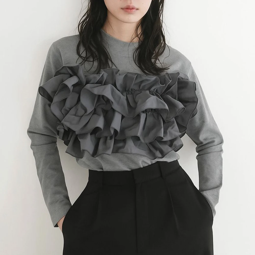 Autumn new cotton long-sleeved heavy industry hand-positioned sewing flowers in a variety of ways to wear cotton top T-shirts
