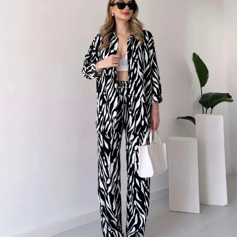 Women's Zebra Print 2-piece Set 2025 Spring Summer New Fashion Long Sleeve Shirt Top High Waist Wide Leg Pants Casual Outfits