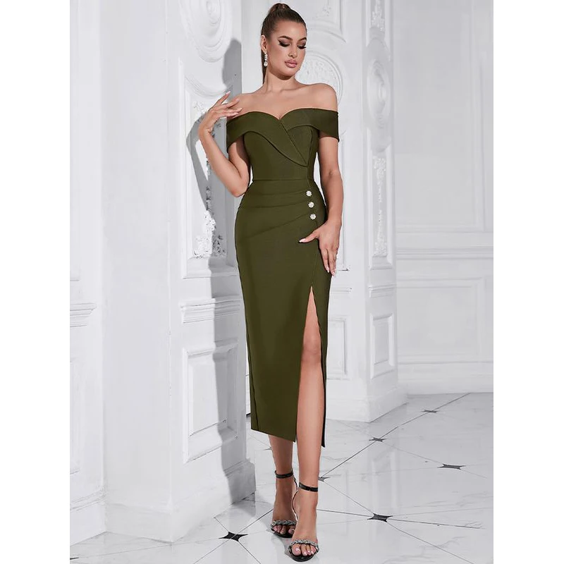 MSMUSI 2025 New Fashion Women Sexy Off The Shoulder Button Sleeveless Fold Backless Bandage Party Club Bodycon Event Midi Dress