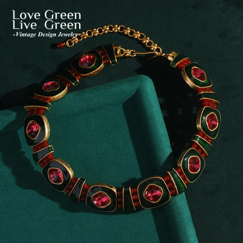 

Vintage Square Choker Necklace Luxury Green Red Glass Collar Round Gold Color Antique Accessories For Woman Jewelry New 2025