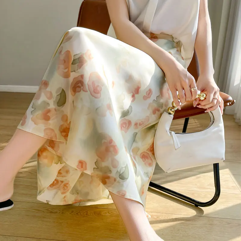 Summer Printing Half Body Skirt Long Dresses Silky Fabric Skirt Cool Comfortable A-Line Skirts Women Long Elegant Dress Clothing